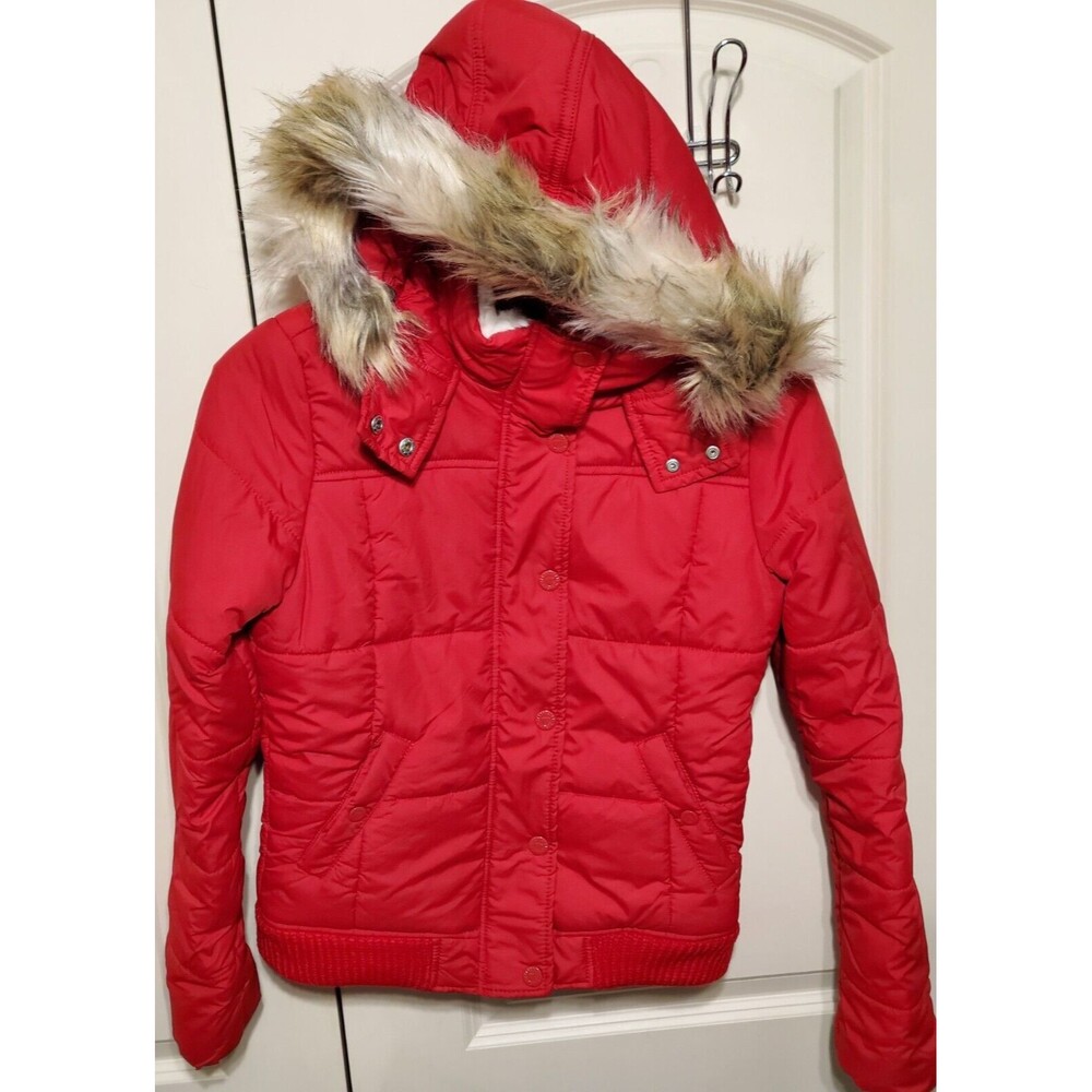 Aeropostale Women's Puffer Faux Fur Hooded Jacket RED Size MEDIUM - NEW W/O Tags